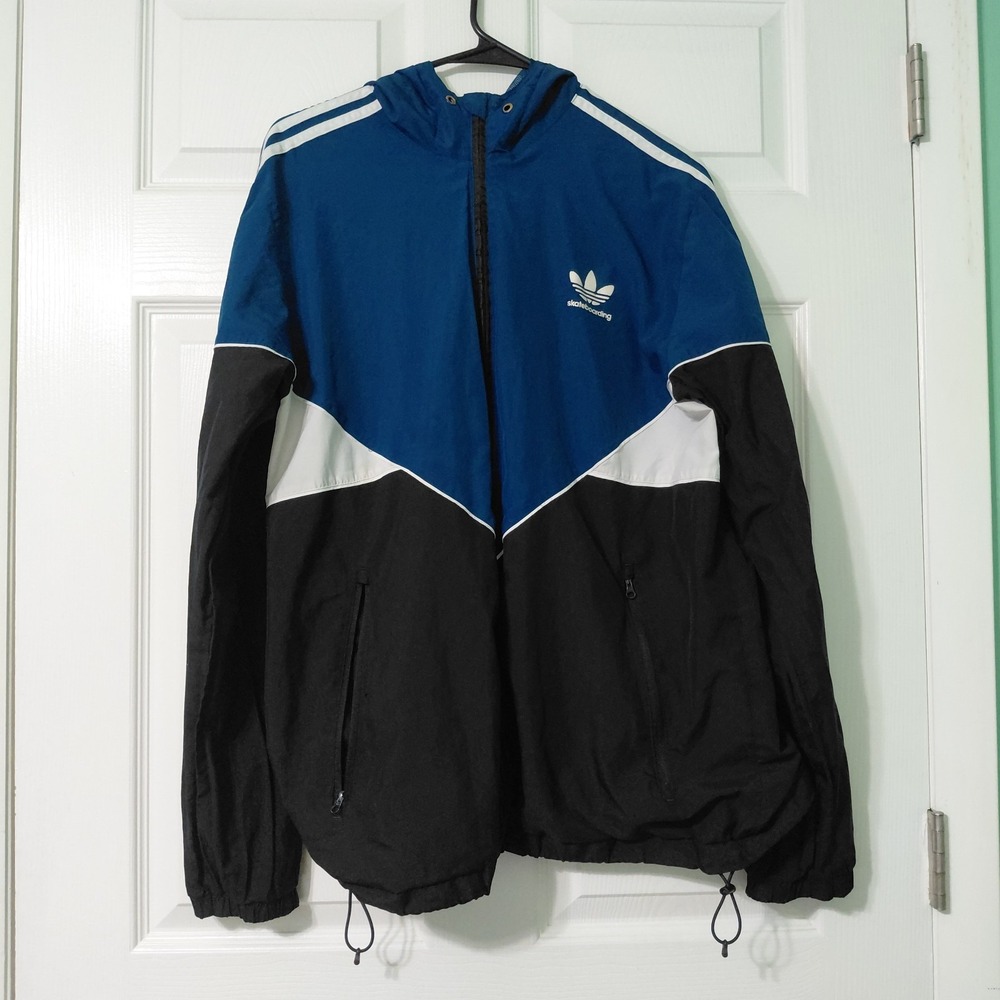 Adidas Hooded Jacket Windbreaker Full Zip Outdoors Athletic Mens Black Blue L